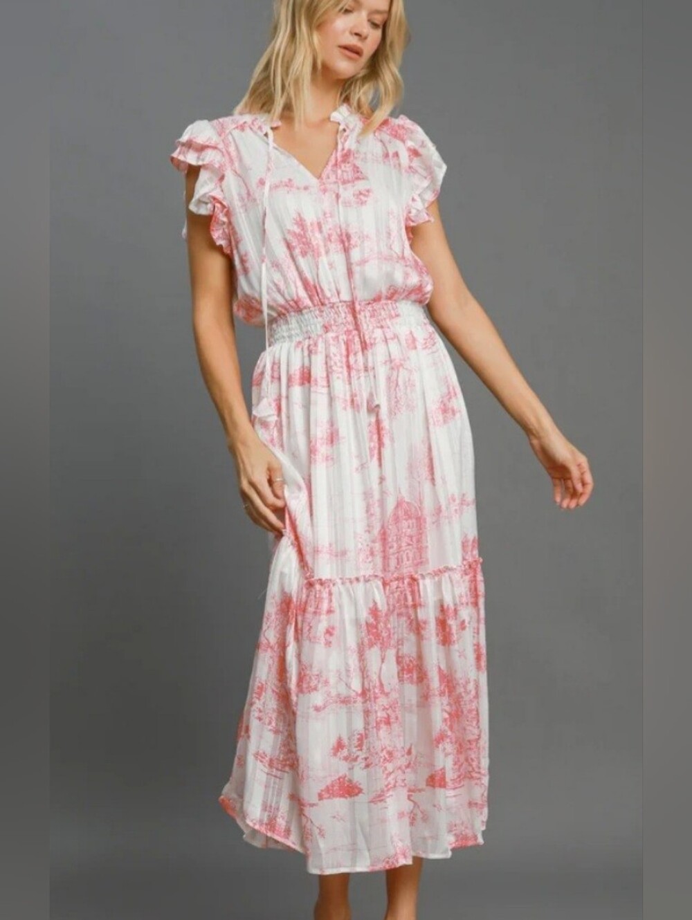 Umgee White Maxi Dress with Pink Toile Print